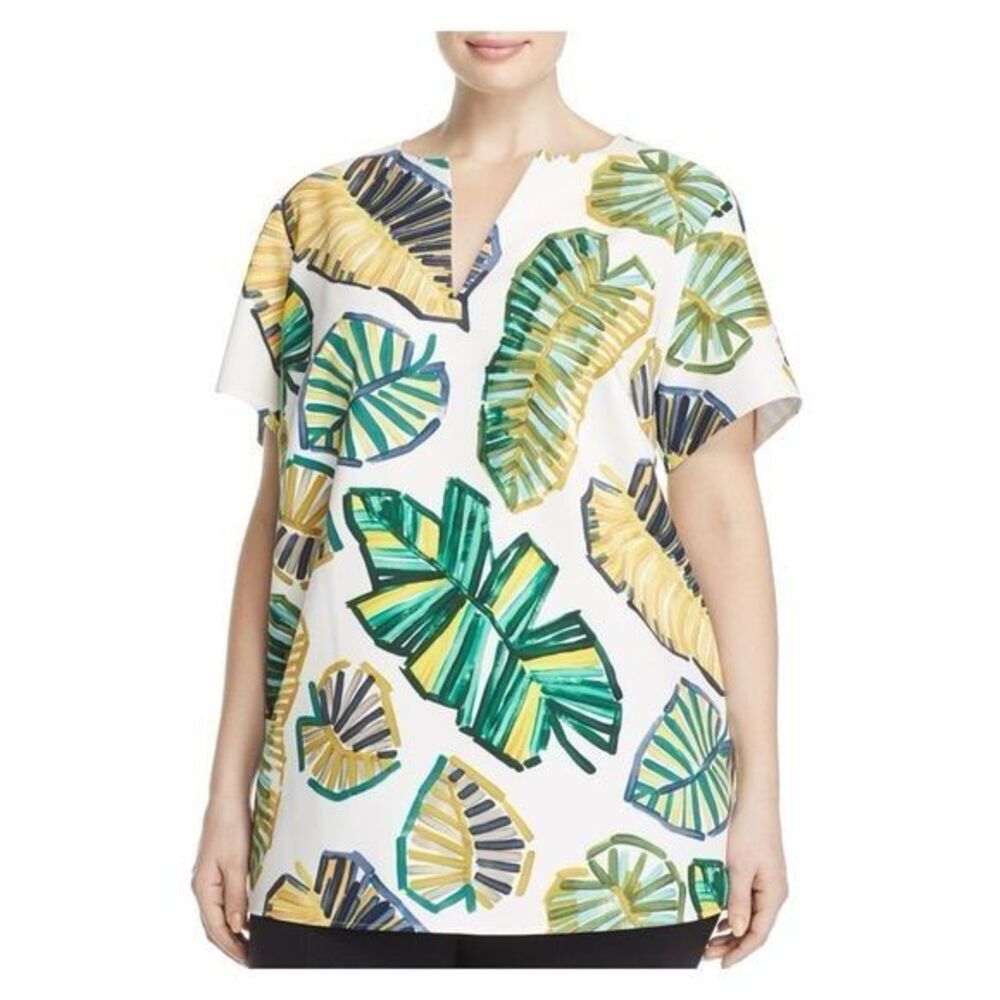 Lafayette 148 New York Tropical Leaf Print Blouse Top Ivory Green Yellow Size L